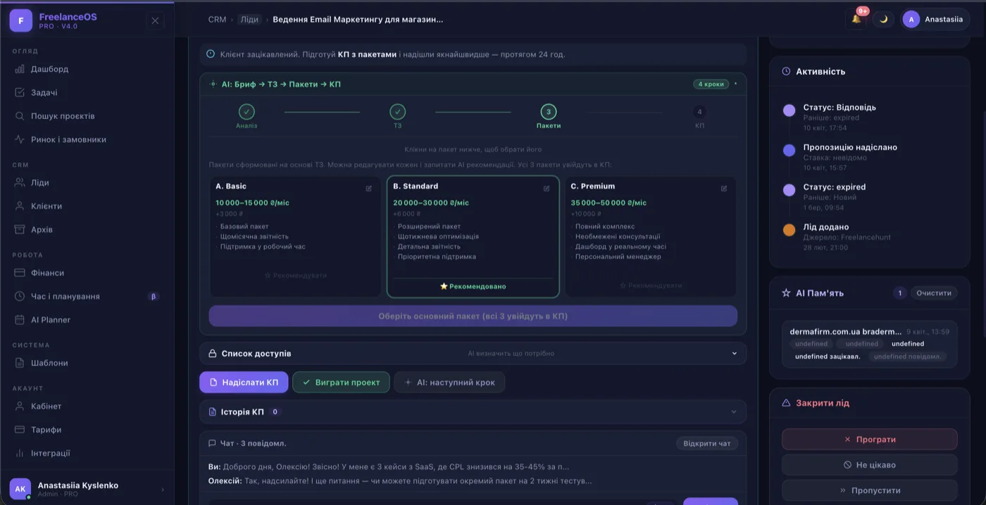 Freelance OS — packages A Basic, B Standard, C Premium with pricing and scope